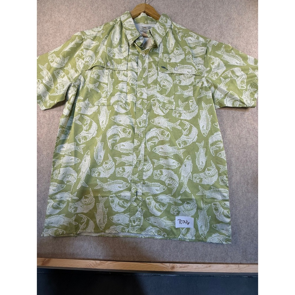 Bob Timberlake Mens XL Fishing Shirt Green White Fish Print Short Sleeve Button